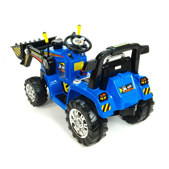 Elektrický traktor s dálkovým ovládáním, ovladatelnou lžící, pohonem obou zadních kol, MODRÝ